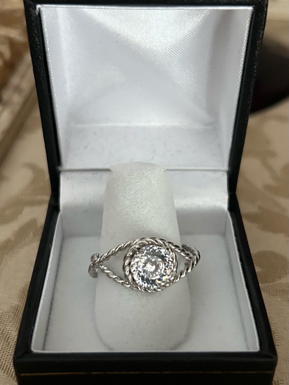 Sterling Silver Twisted Rope Halo Ring with Clear Stone - Silver